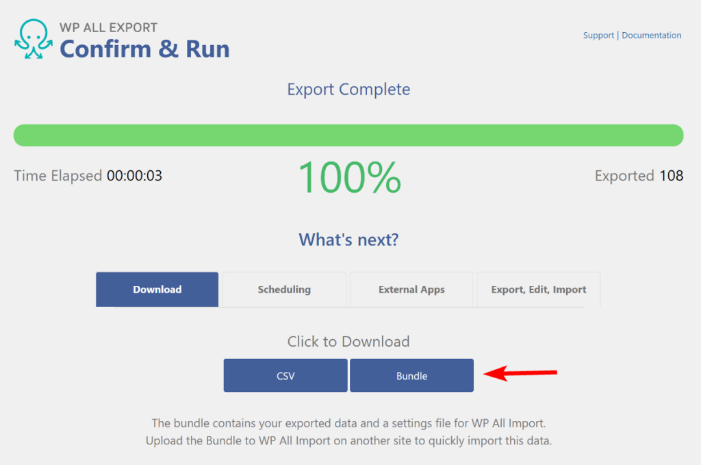 Export the product data and download the Bundle file