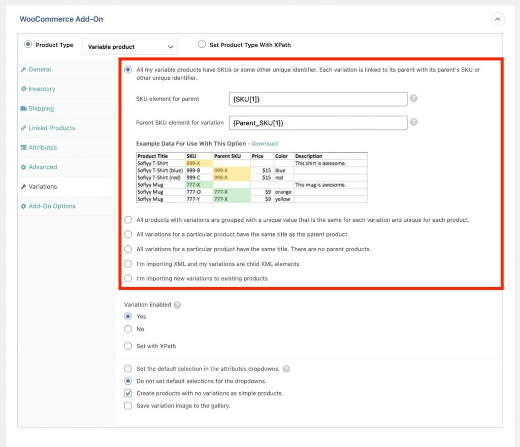 Map Variations Tab in WooCommerce Add-On