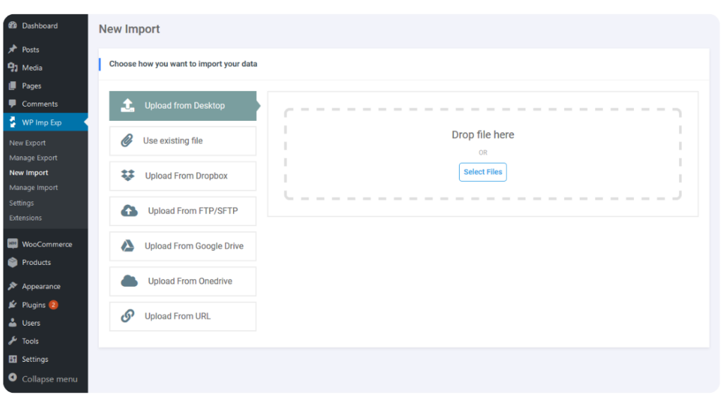 Woo Import Export interface