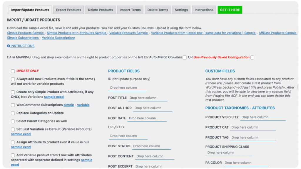 WordPress Product Excel Import and Export for WooCommerce interface