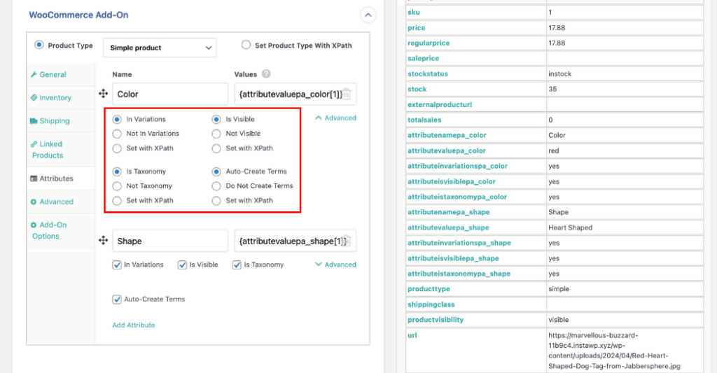 additional product attributes options