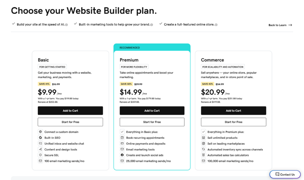 godaddy website builder plans