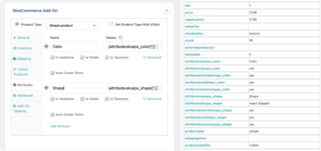 map product attributes data