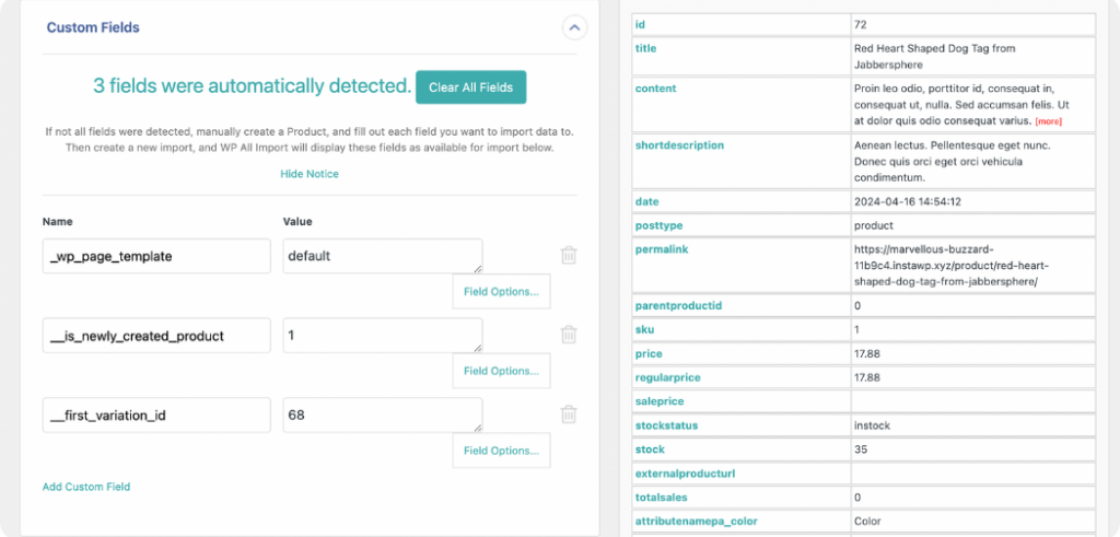 map product custom fields