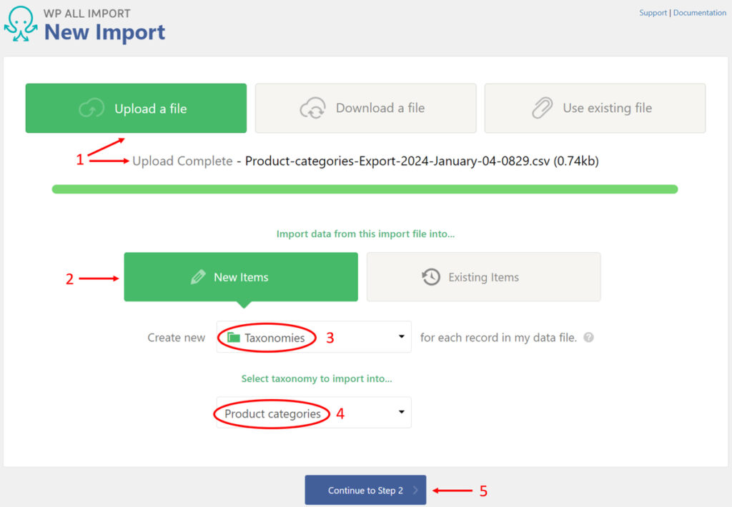 select WooCommerce product categories as the import type