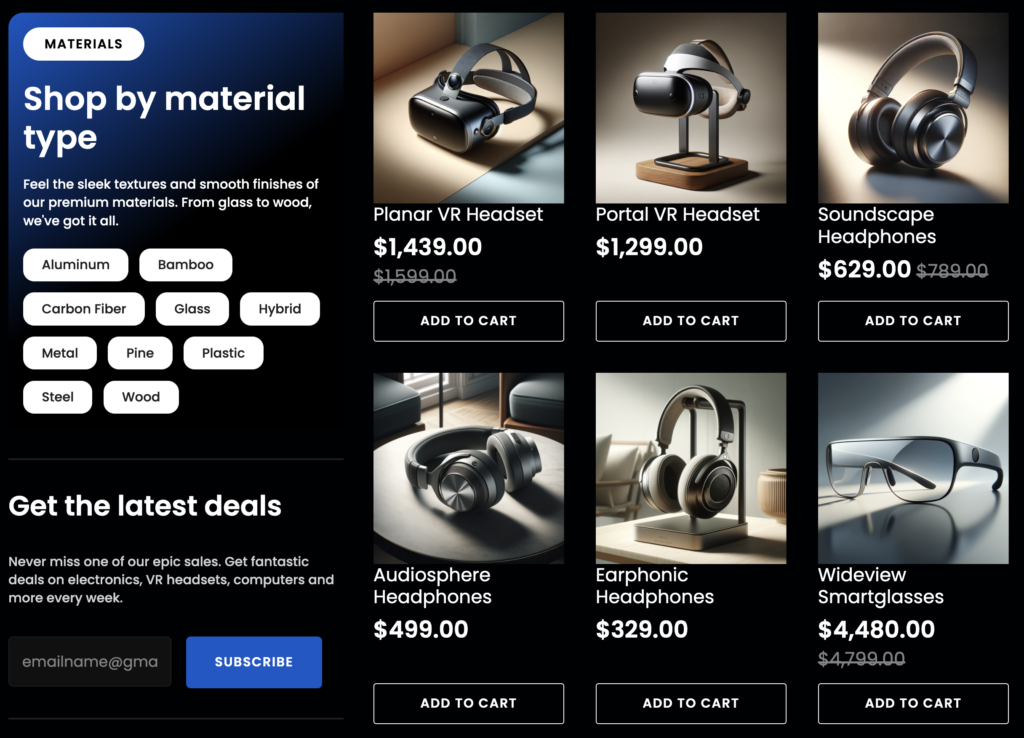 A screenshot of a WooCommerce shop including several gadgets.