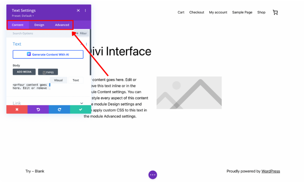 Divi customization window three tabs