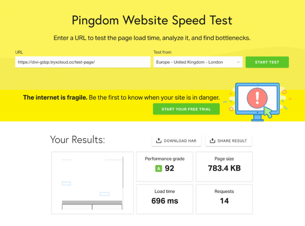 Divi pingdom performance result