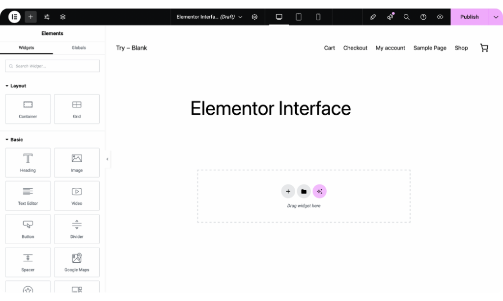 Elementor interface when you create a new page