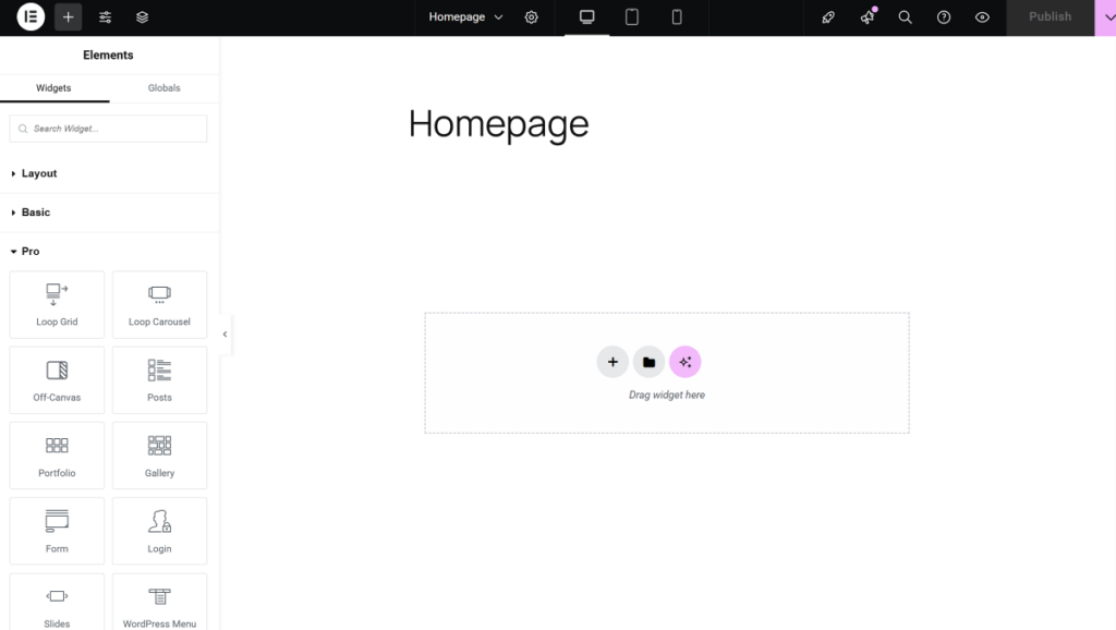 Elementor widgets inside the editor